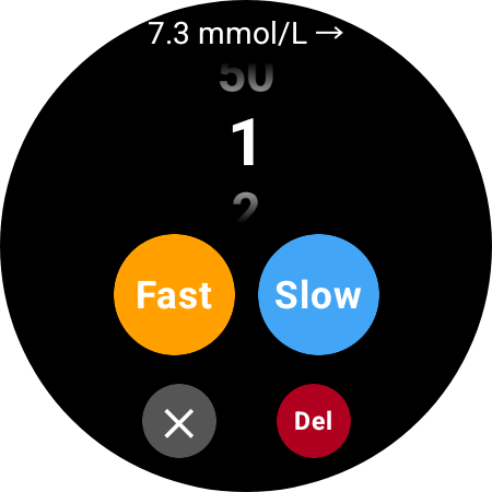 Insulin logger showing a units picker set to 1, with Fast and Slow buttons