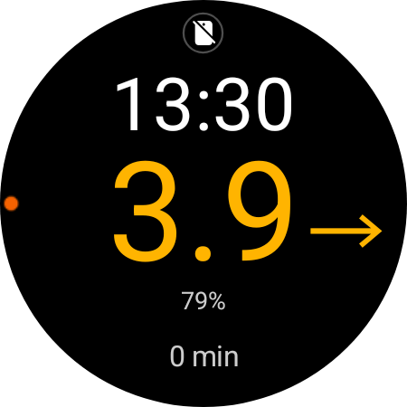 Watch face showing 3.9 mmol/L, stable, in the warning band