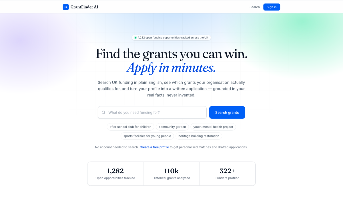 GrantFinder AI — Grant applications in minutes, not evenings
