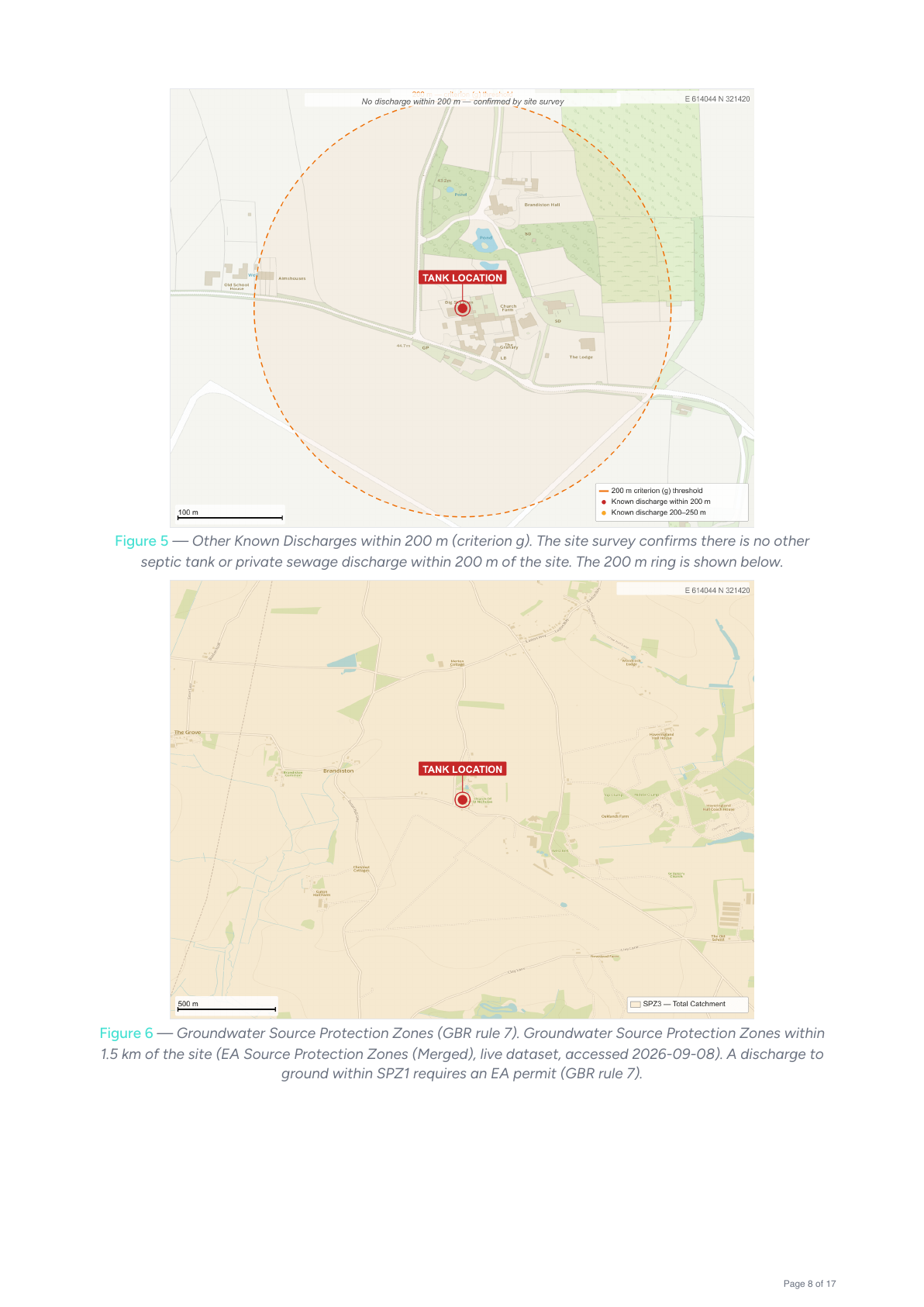 A report page showing two evidence figures: other known discharges within 200 m, and groundwater source protection zones, each with a captioned dataset and access date